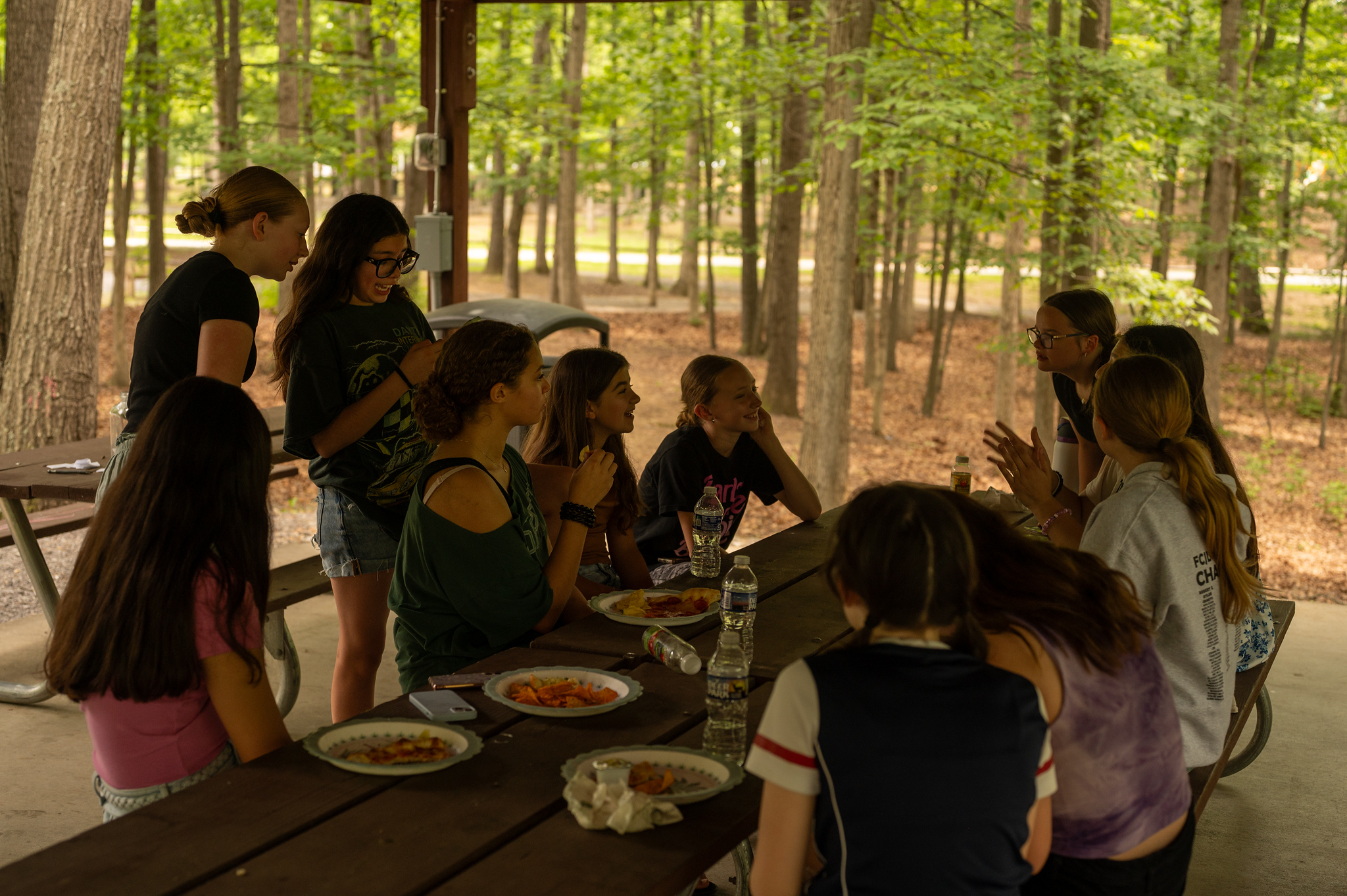 Friends gathered around a picnic table during a birthday celebration