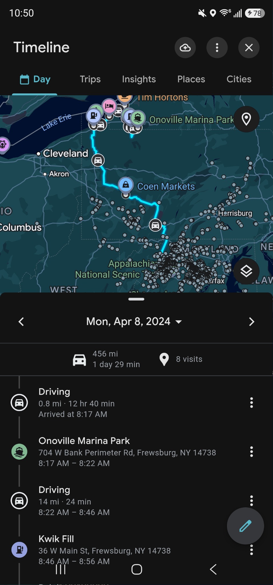 Google Maps timeline showing the April 8, 2024 route from western New York to Presque Isle State Park in Erie and then south toward Virginia